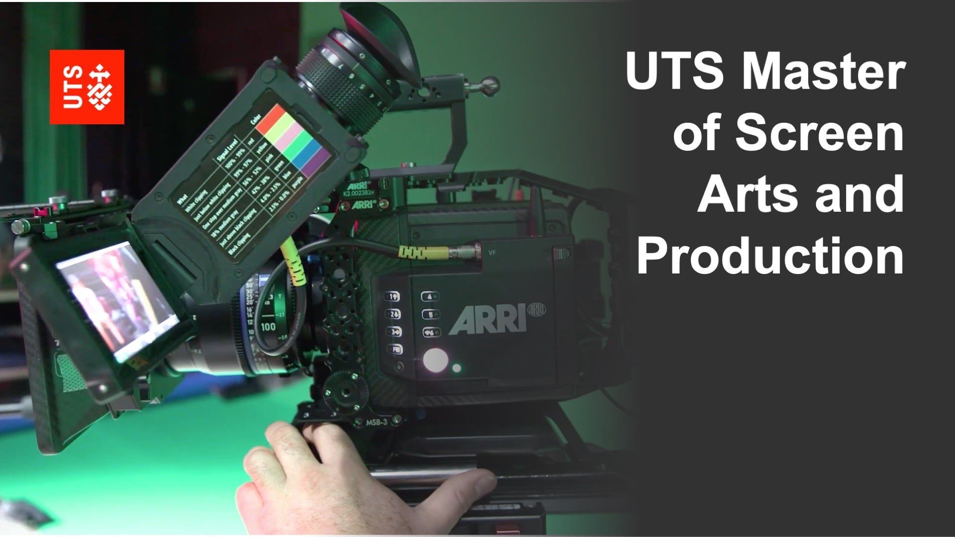An ARRI film camera setup in use, displaying color calibration charts. Text reads "UTS Master of Screen Arts and Production" with the UTS logo.
