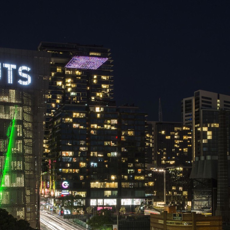 A building is illuminated by lights at night