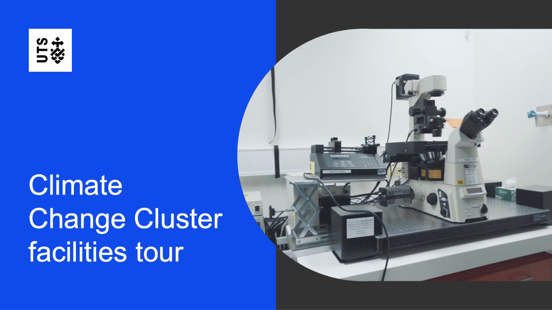 A microscope in a lab, with the text 'Climate Change Cluster facilities tour' and the UTS logo