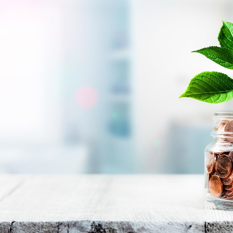 Plants growing out of coin jar on table