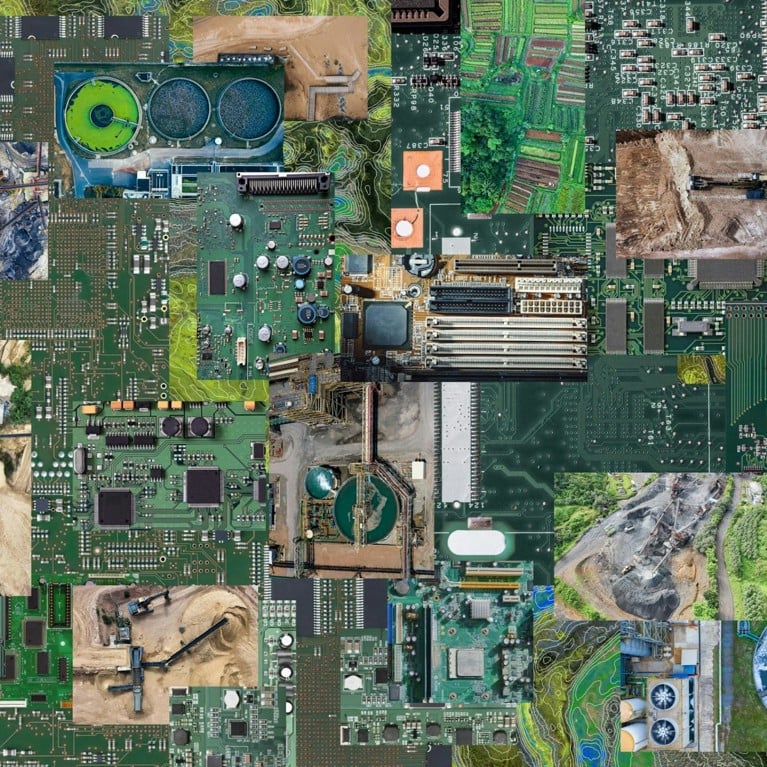 Composite image of mining and industry superimposed over electronic circuit boards. Picture: Sinem Görücü via Better Images of AI, CC BY 4.0