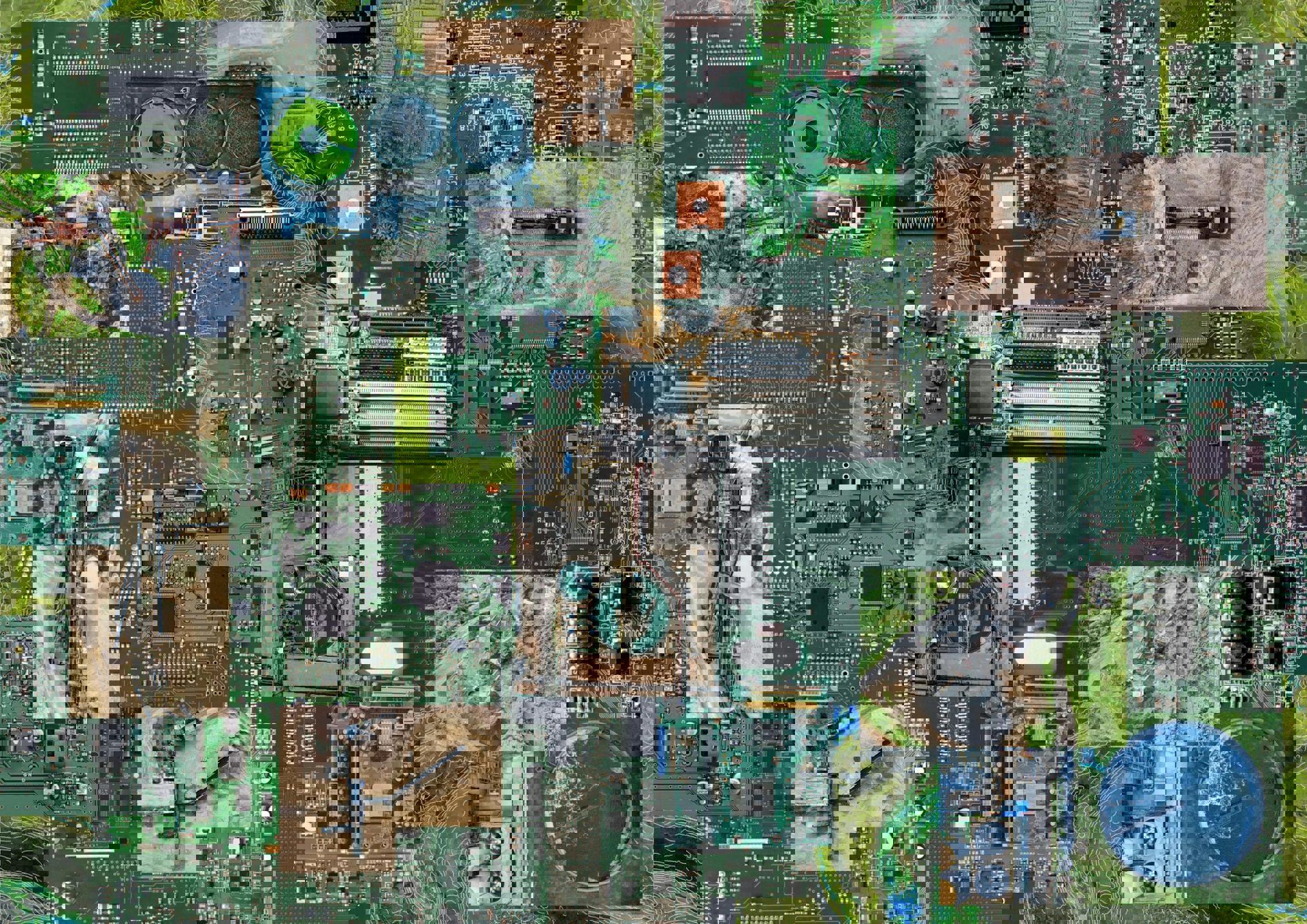 Composite image of mining and industry superimposed over electronic circuit boards. Picture: Sinem Görücü via Better Images of AI, CC BY 4.0