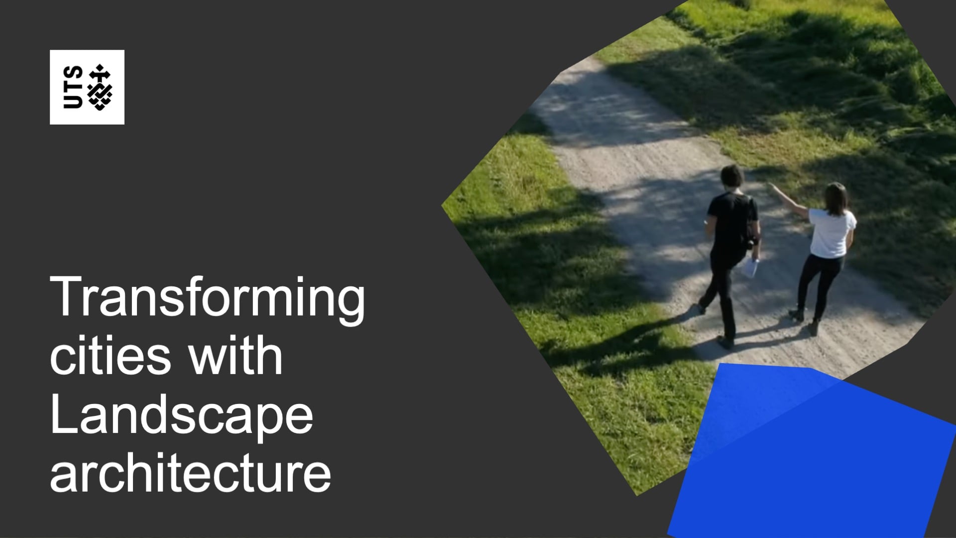 Two people walk along a sunlit path surrounded by green grass, conveying teamwork and exploration. Text reads "Transforming cities with Landscape architecture."
