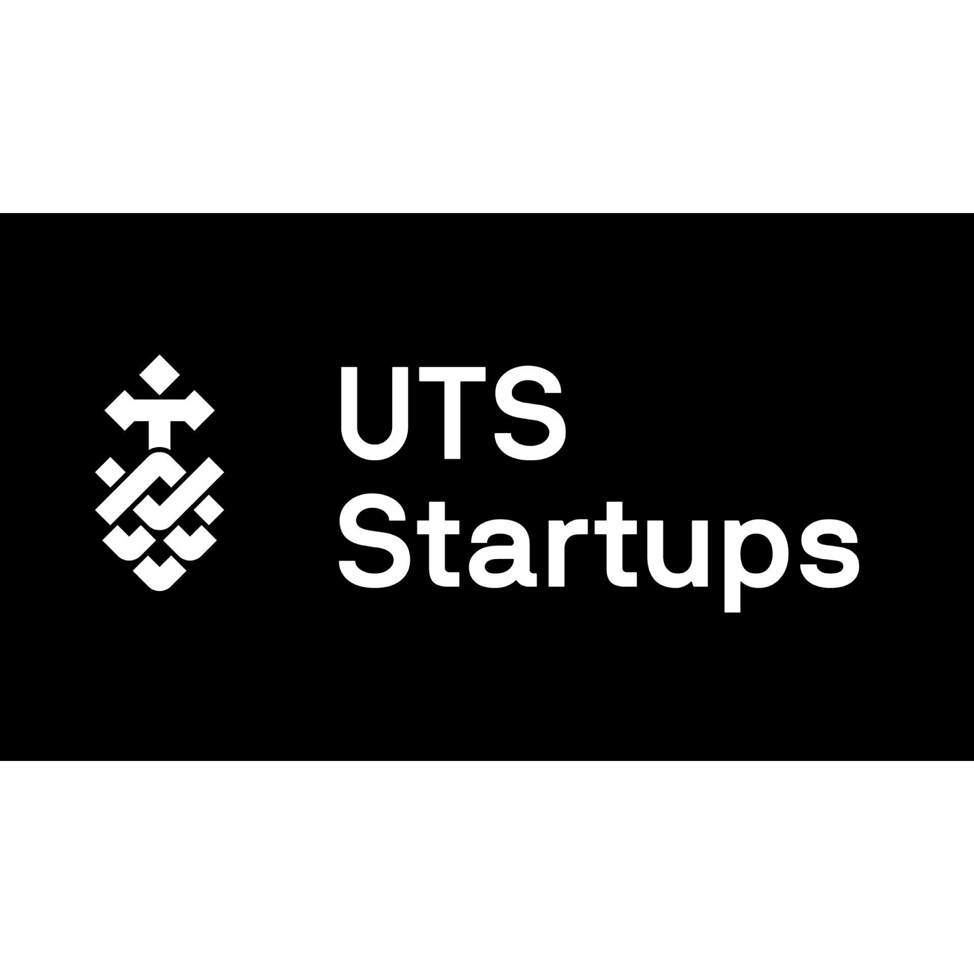 White geometric logo with text "UTS Startups" on a black background, conveying innovation and entrepreneurship. Clean, modern design emphasises simplicity.