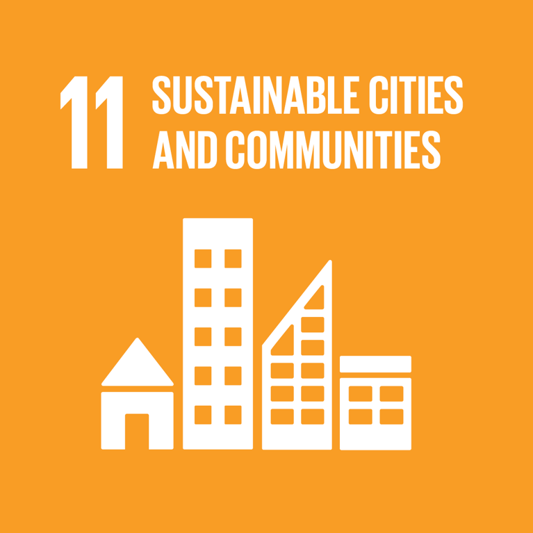 Orange background with white icons of buildings and text: