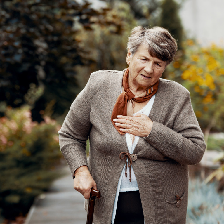 Weak senior woman with walking stick waiting for help during breathlessness attack.
Picture by Photographee.eu/Adobe Stock