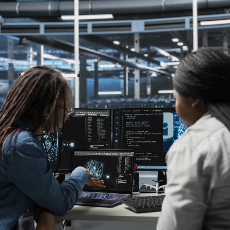 Two people in a tech office collaborate over multiple screens displaying code and data visualisations, conveying teamwork and focus.