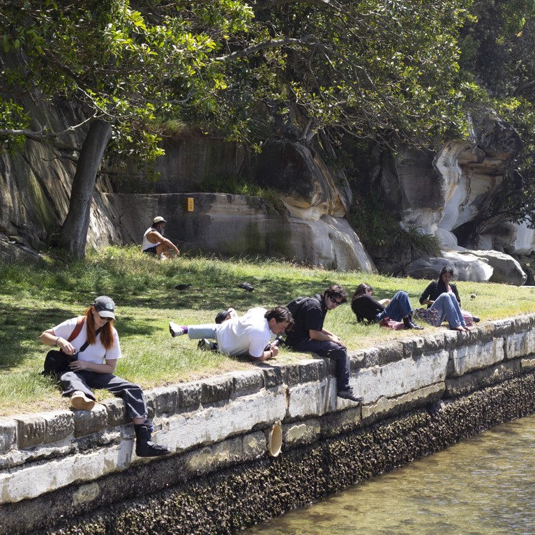 Students sitting on the grassy waterfront of Wareamah (Cockatoo Island) Studio.