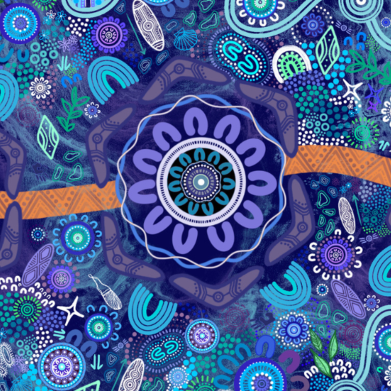 blue and purple Indigenous artwork