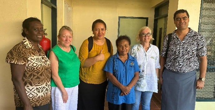Workshop participants including VCNE Principal Evelyne Emile, with Prof. Di Brown and Dr Jan Forber.