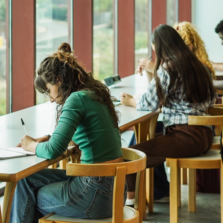 Several students are studying at desks in a university library