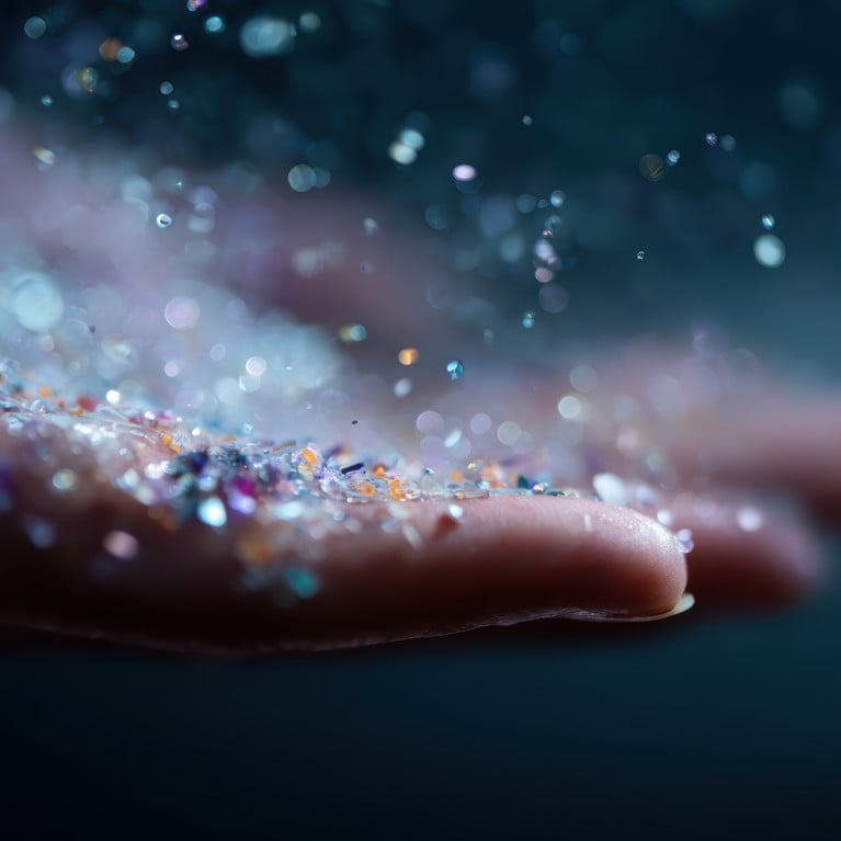 An outstretched hand with multi coloured tiny plastic particles falling across it.