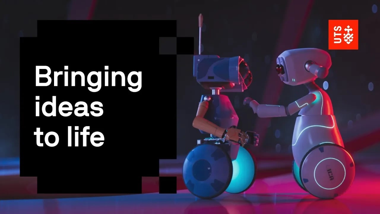 A still from the award-winning animated short film Alone, produced by Animal Logic Academy. It depicts two robots looking at each other. Text on the image reads 'Bringing ideas to life'.