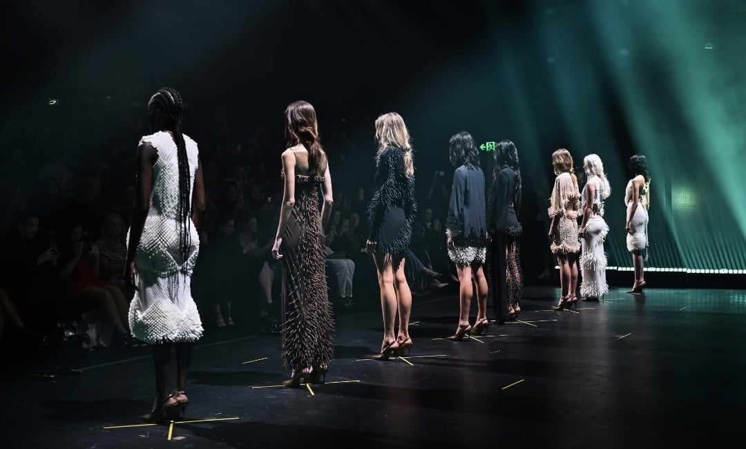 Rose Guiffre with Models wearing her collection 'Accretion' at The Frontier at AFC Australian Fashion Week