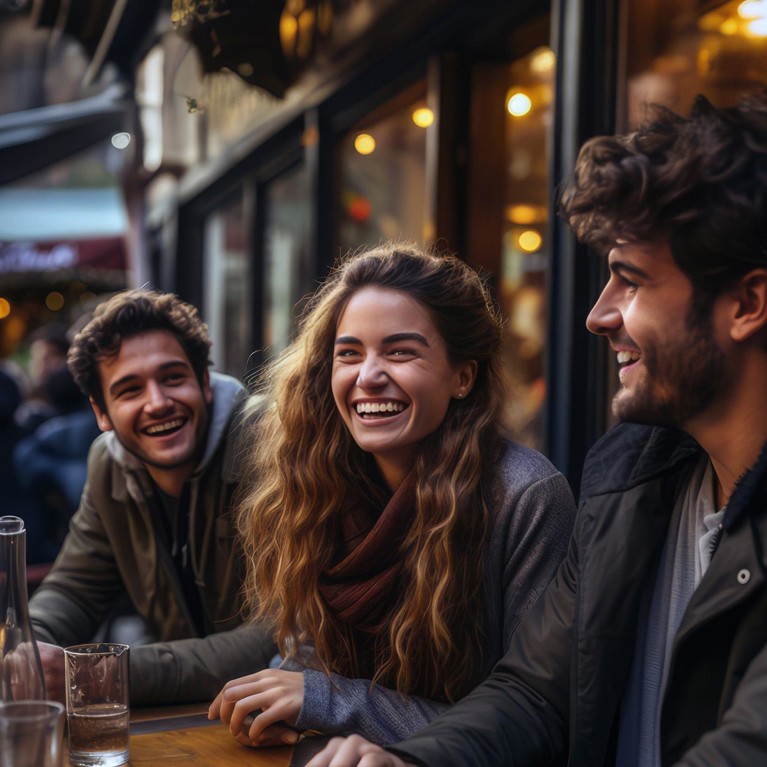 Millennial friends enjoying a fun-filled social gathering at an outdoor restaurant, sharing stories and laughter