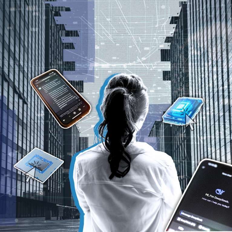 Composite graphic of the back of a woman with office buildings and mobile devices around her. The Conversation, CC BY-NC