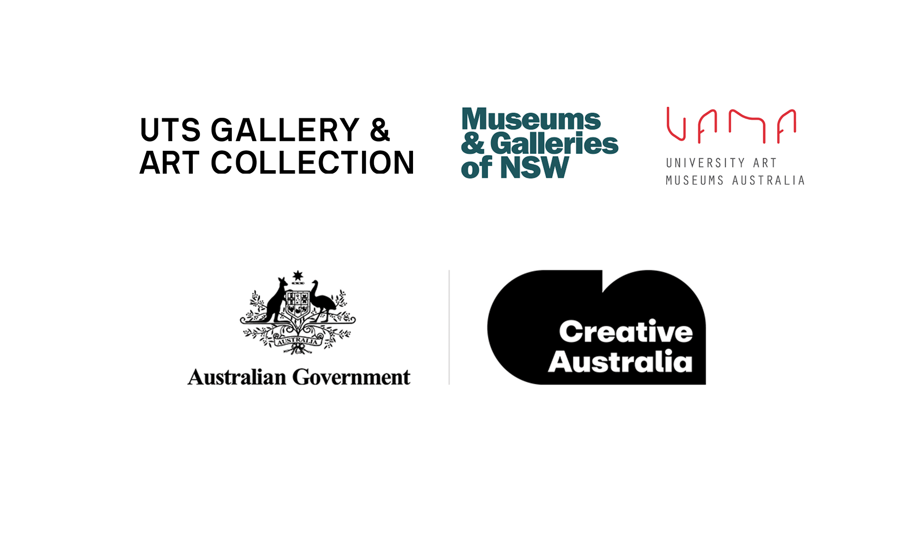 logos for the Australian Government, Creative Australia, Victoria State Government, UTS Gallery and Art Collection, La Trobe University and University Art Museums Australia