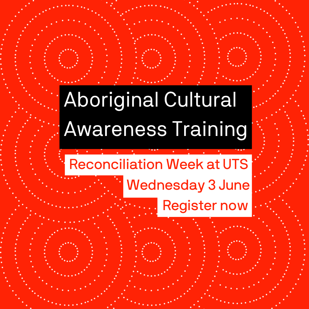 Red and white banner with dots - words Aboriginal Cultural Awareness Training