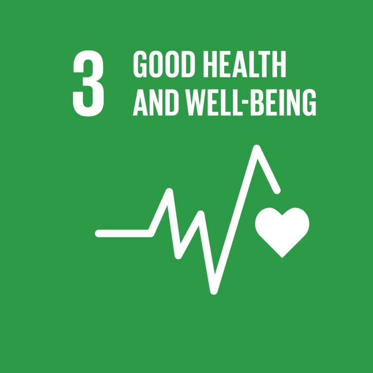 Green graphic for Sustainable Development Goal 3: Good Health and Well-Being. Features a heartbeat line ending in a heart, symbolising health.