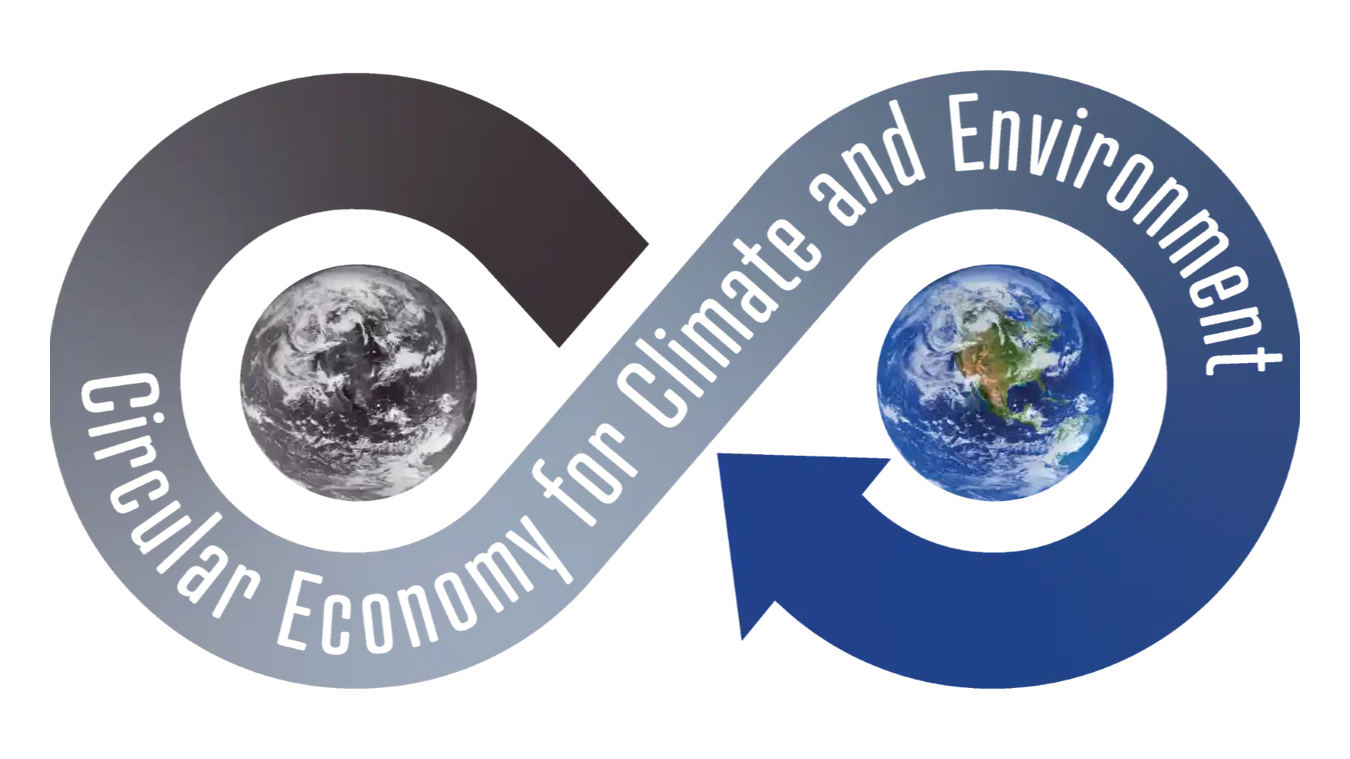 Infinity symbol with Earth images on each loop. "Circular Economy for Climate and Environment" text arches along the symbol, conveying sustainability.