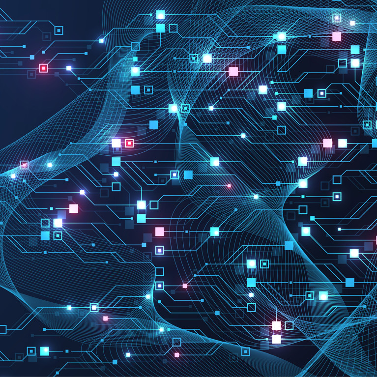 Digital circuit pattern on a dark blue background. Glowing neon lines and nodes form a complex network, conveying a high-tech and futuristic tone.