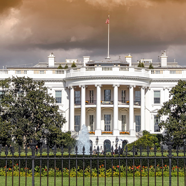 Panoramic view of the White House in Washington DC under stormy skies. Picture: Lux Blue/Adobe Stock