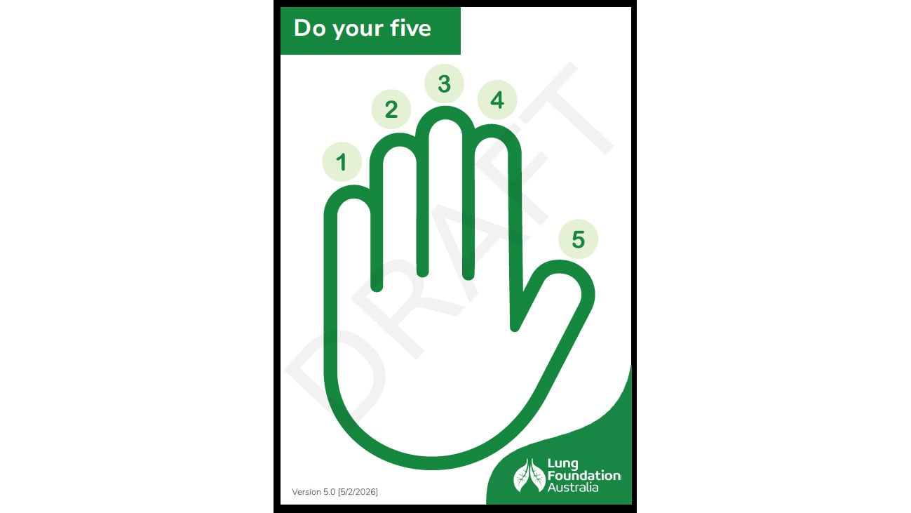 Illustration of a green hand outline numbered 1-5 on each finger, titled "Do your five" by Lung Foundation Australia