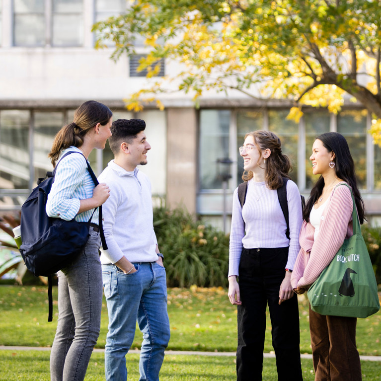 6 Engineering and IT students talking to eachother on Alumni Green at UTS