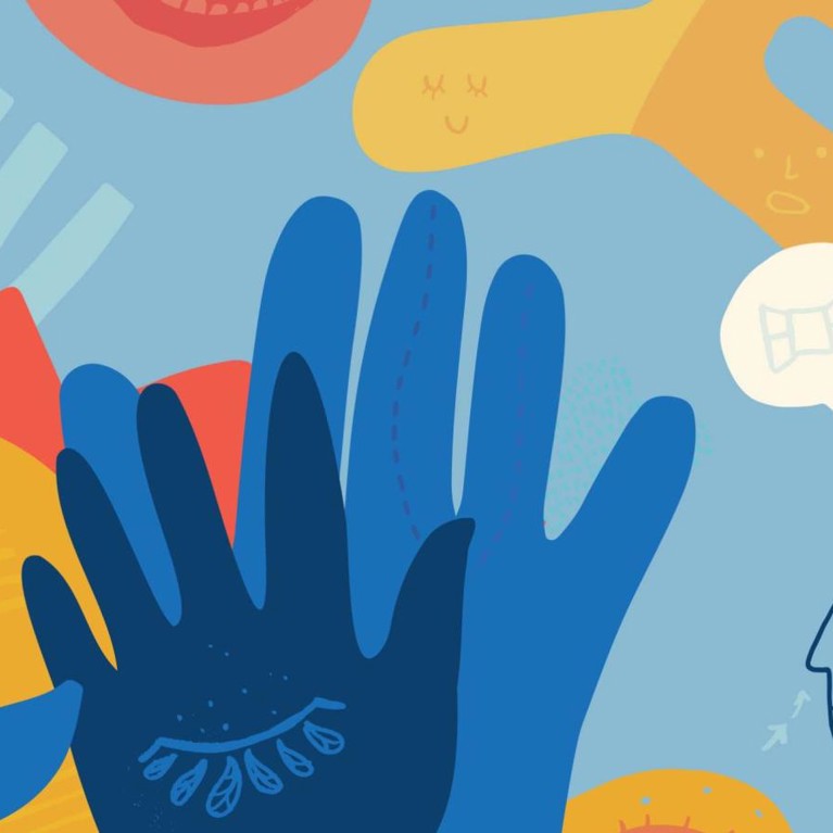 graphic design featuring sun, plants, bird, hands and women