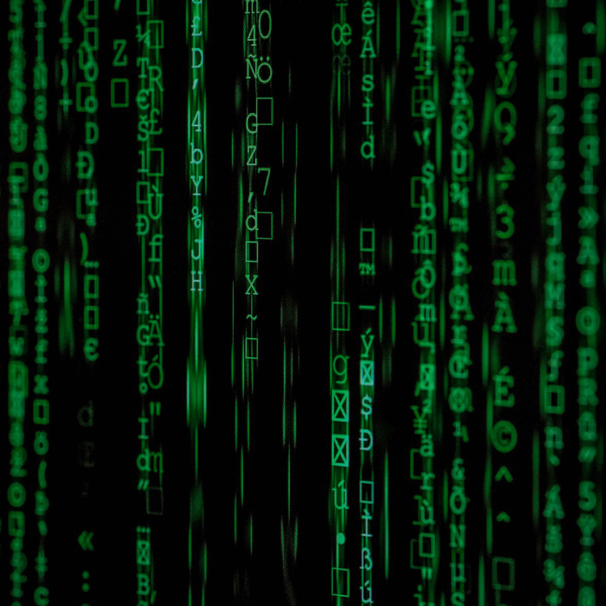 A digital background featuring cascading green matrix code characters on a black screen.