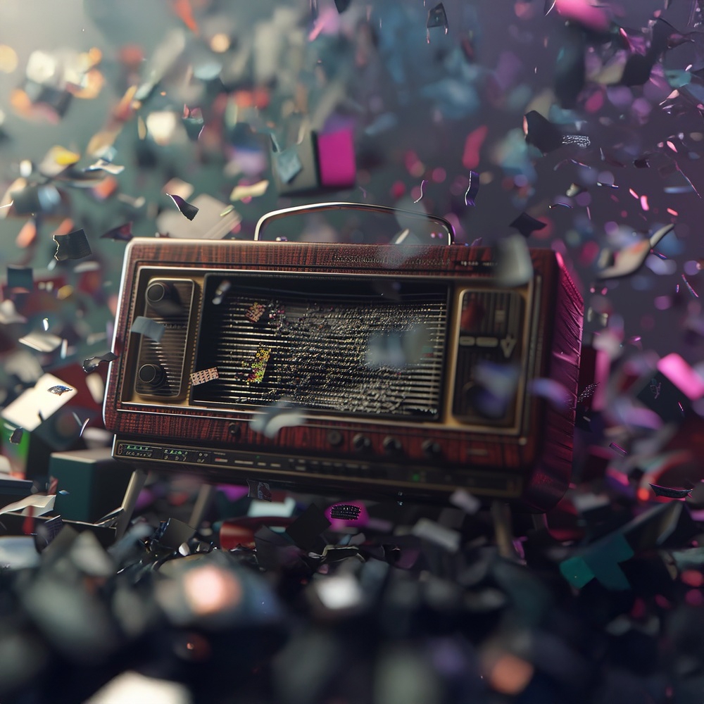 A radio exploding like confetti