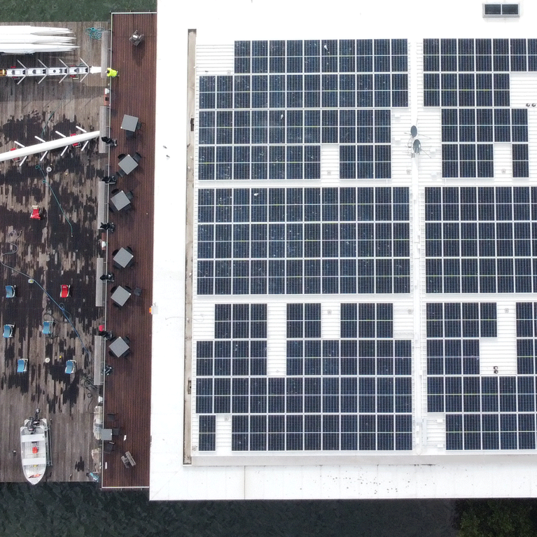 Aerial view of UTS Haberfield Rowing Club's solar panel installation