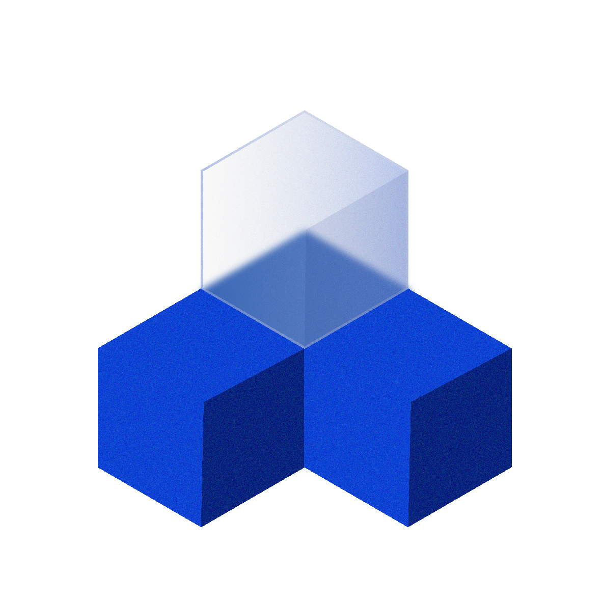 Three blue cubes form a triangular base with a transparent cube on top, creating a geometric and minimalist design against a white background.