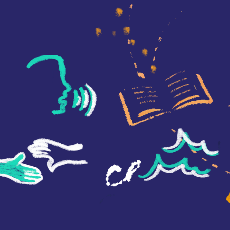 A whimsical illustration on a dark blue background features a book, a house, waves, hands, and a heart.