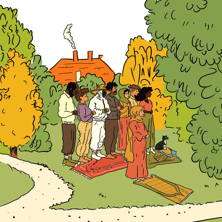 Graphic from 'Supporting queer Muslim clients: a toolkit for culturally safe care' guide. Graphic depicts Muslim individuals having a picnic and praying together.
