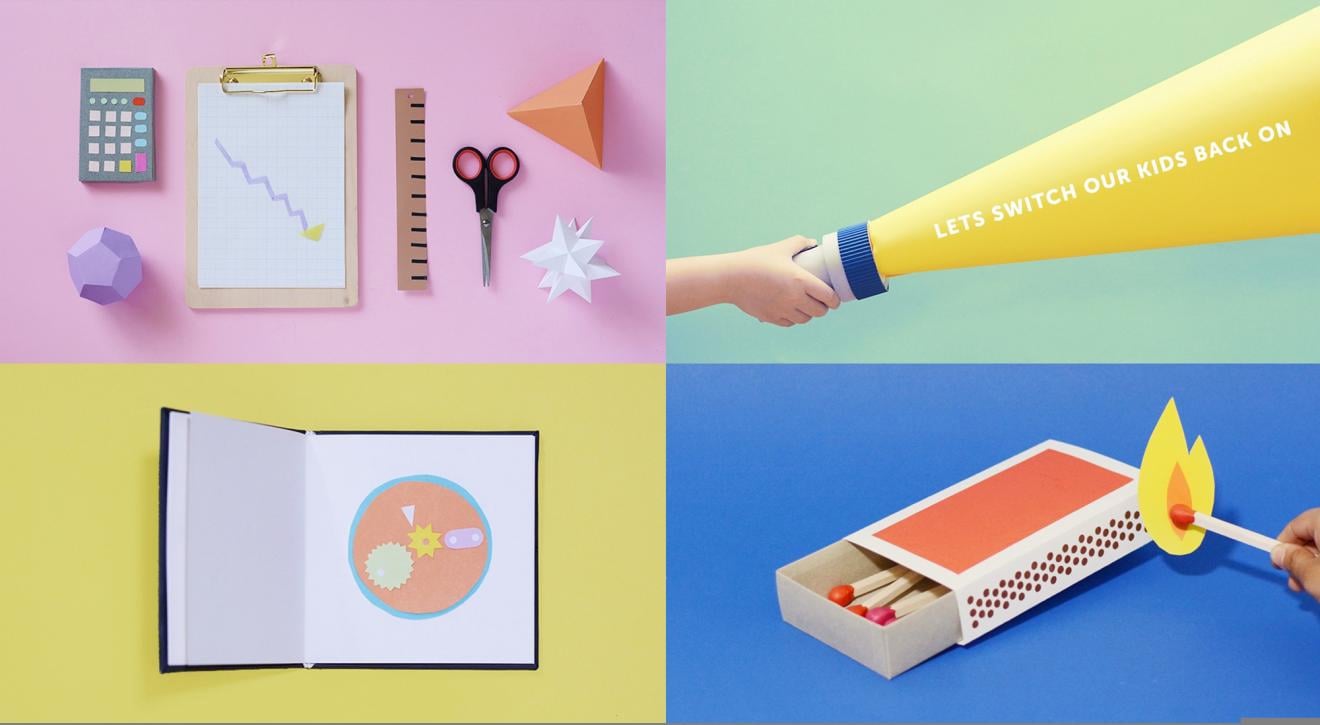 vibrant paper cut-outs depicting STEM activities