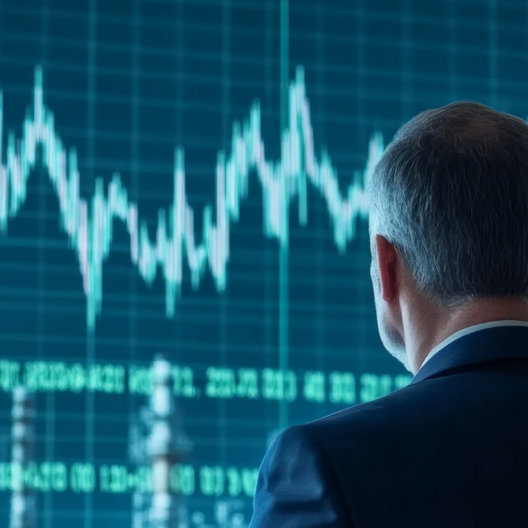 Man looking at a power plant and stock market graph