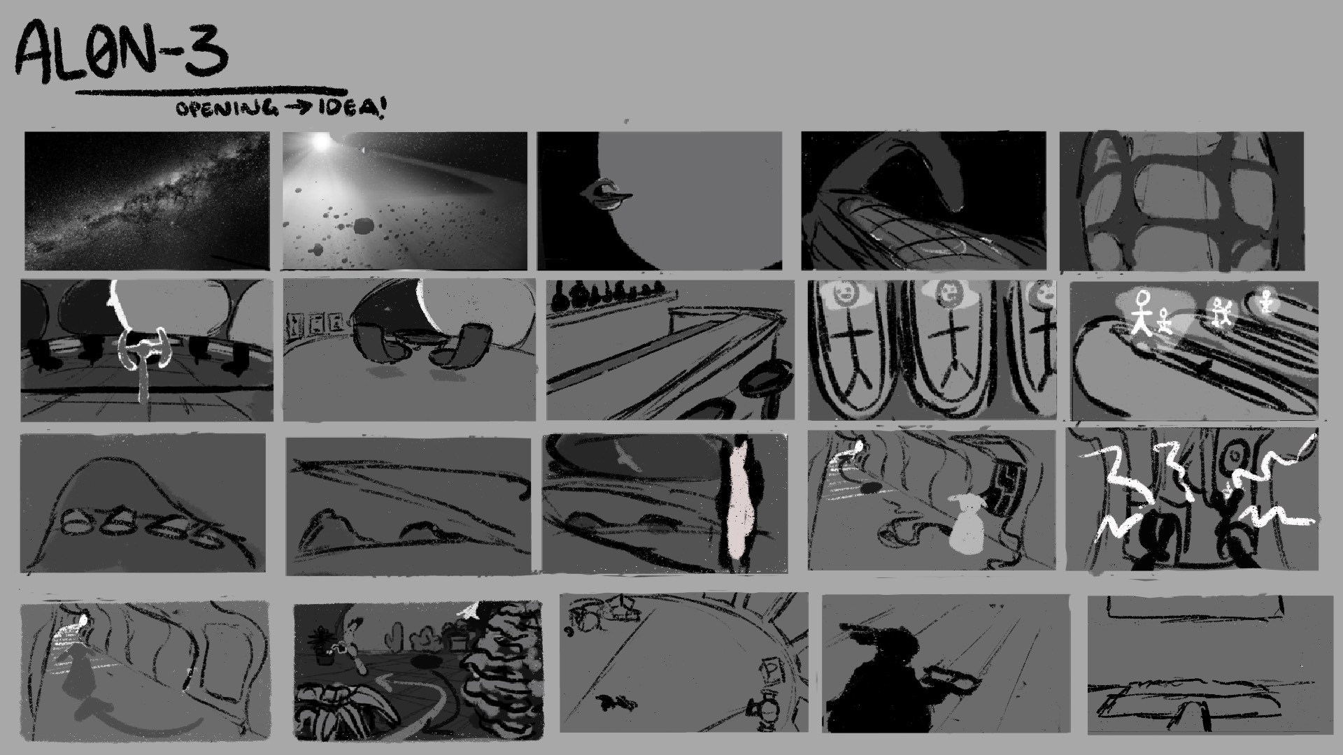 Storyboard titled ‘ALON-3’ with 20 rectangular panels arranged in four rows. The first row shows space scenes including a starry galaxy, asteroids, and a spaceship near a planet. The second row depicts futuristic interiors with curved walls, large windows, and stick-figure characters. The third row includes abstract shapes, landscapes, and a central vertical pink element. The fourth row shows more interior scenes, a character silhouette holding an object, and a long corridor. The overall style is sketch-like with grayscale tones and occasional color highlights.