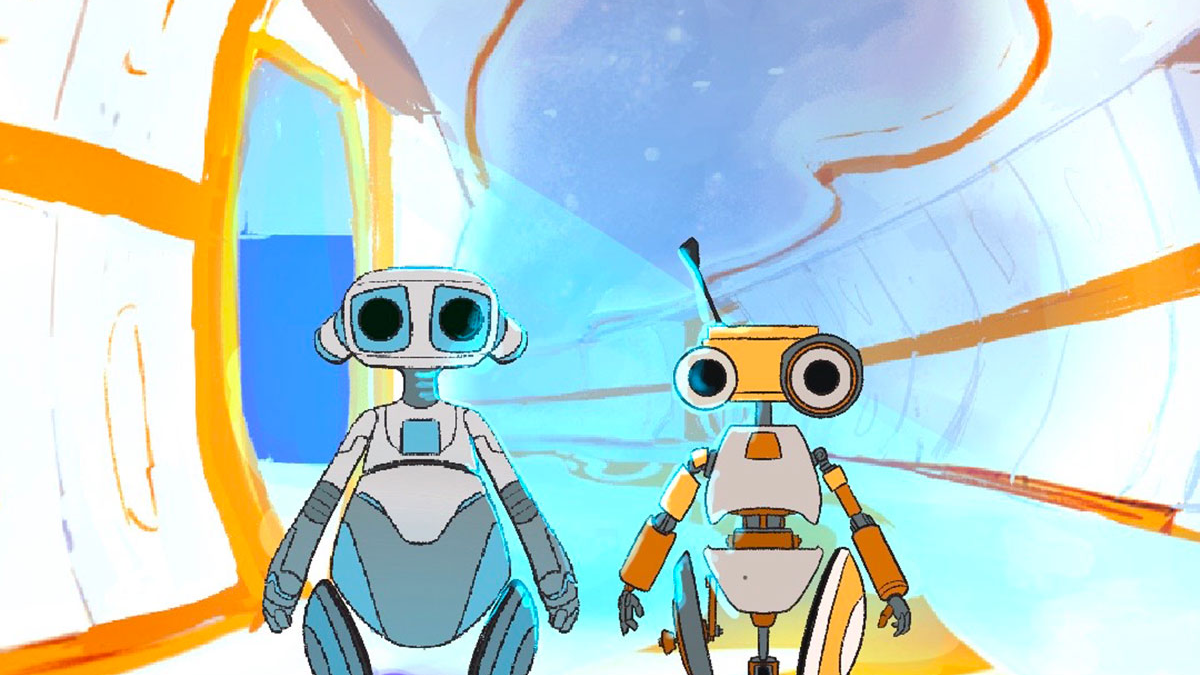 Image of two robots standing side by side in the film Alone.