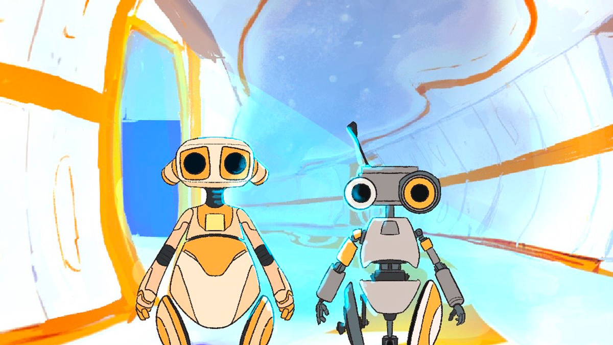 Image of two robots standing side by side in the film Alone.