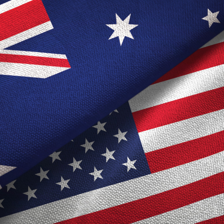 Australia and United States two flags textile cloth, fabric texture. Picture: Adobe Stock