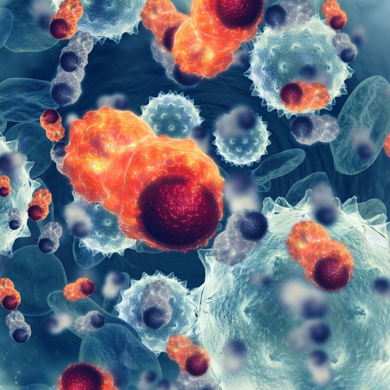 Microscopic view of cancer cell multiplication in shades of blue and orange