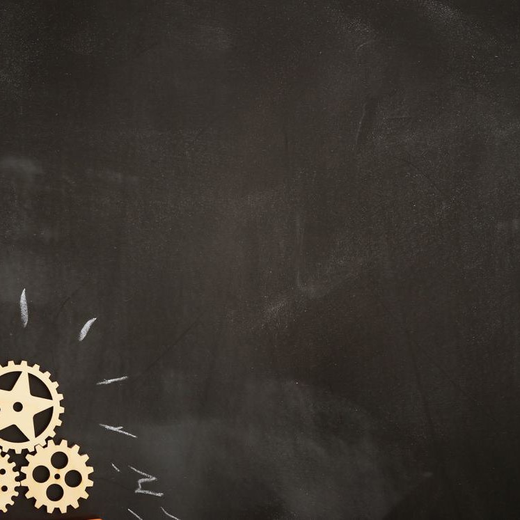 Blackboard with alarm clock, cog wheels, flower made from yellow paper and clips