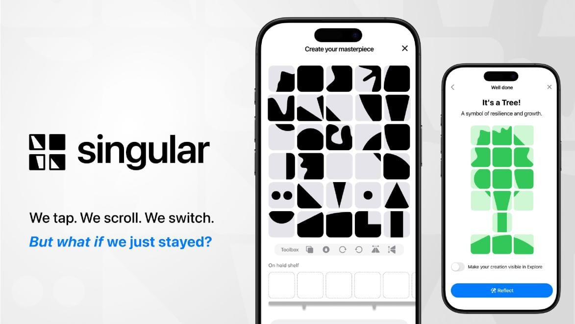 Singular app interface showcasing abstract design creation on smartphones. Three phone screens display a black design grid, green tree symbol, and menu options. The tagline reads, 'We tap. We scroll. We switch. But what if we just stayed?'