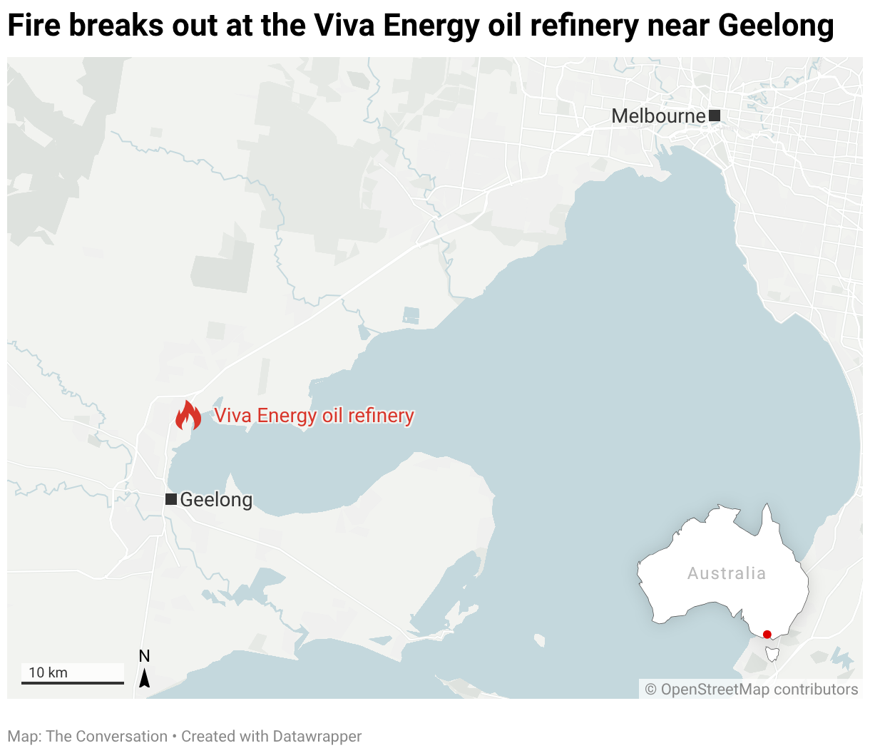 Fire breaks out at the Viva Energy oil refinery near Geelong. Map: The Conversation Created with Datawrapper