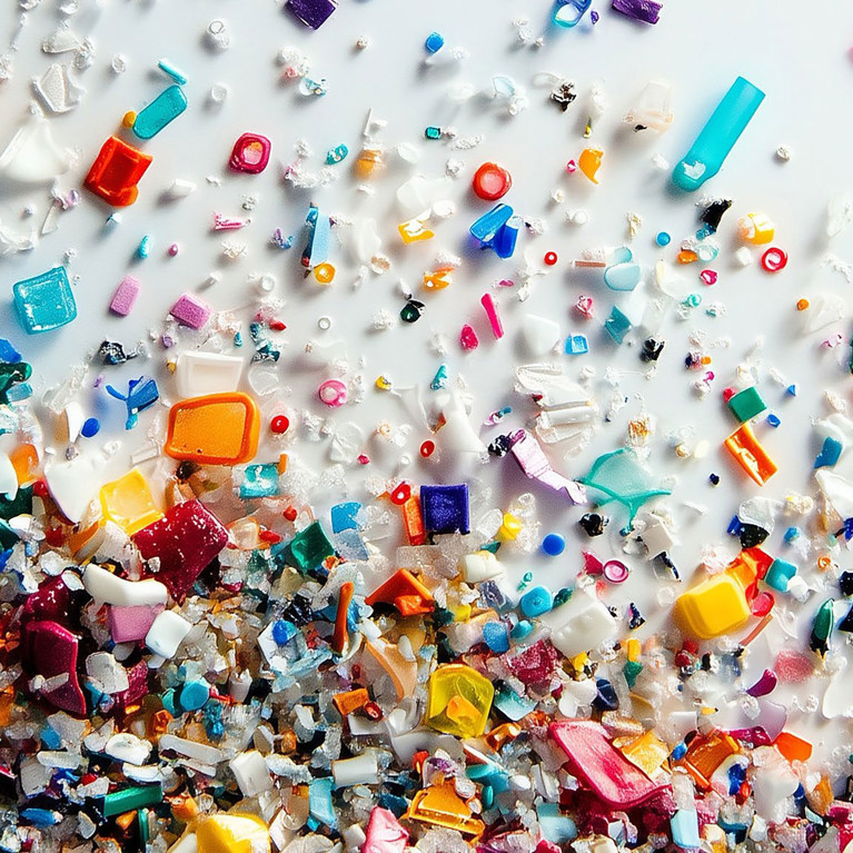 An outstretched hand with multi coloured tiny plastic particles falling across it.