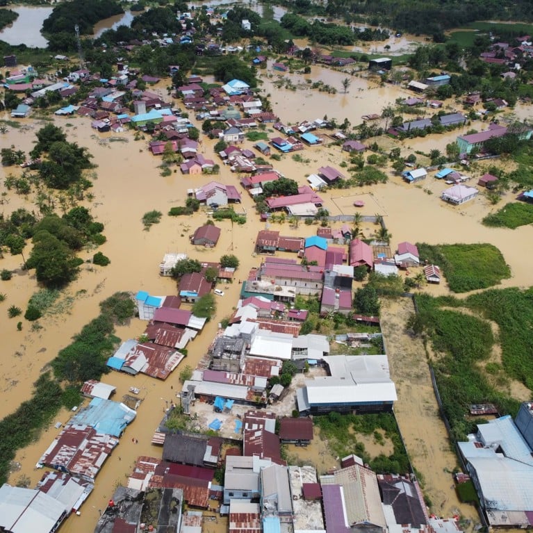 Aerial view of a flooded village in Indonesia.