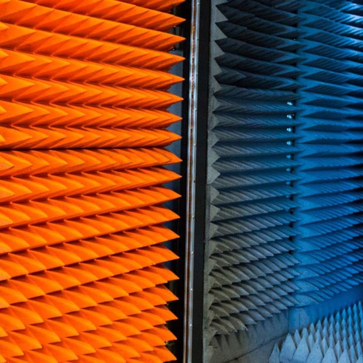 inside the Mini Compact Range Antenna Chamber, orange and grey pointed soundproofing panels