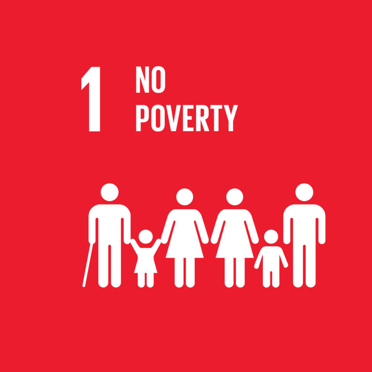 Red background with white silhouettes of a diverse family, including a person with a cane, representing