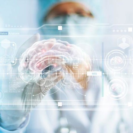 Doctor looking at virtual image of brain